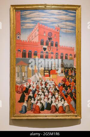 San Bernardino, St. Bernhard von Siena predigt auf der Piazza del Campo, Maler Sano di Pietro, Museo dell' Opera Metropolitana, Siena, Toskana, Italien Stockfoto