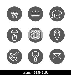 Eine Reihe von runden Symbolen zum Thema der Bestellung von Produkten und Lebensmitteln, Kauf von Flugtickets, erhalten Bildung. Isolierte Schwarz-Weiß-Illustrationen Stockfoto