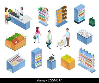 Isometrische Einkaufsleute. Kunden mit Körben oder Rollwagen. Frau an der Kasse im Supermarkt. Speichern Sie Möbel mit Produkten Vektor-Set. Regale, Theken und Wiegemaschine im Lebensmittelgeschäft Stock Vektor