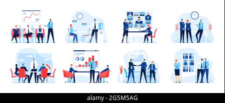 Geschäftstreffen. Büroangestellte bei Videokonferenzen. Geschäftsleute, die zusammenarbeiten. Erfolgreiche Partnerschaft, Teamwork-Vektor-Konzept gesetzt. Online-Zusammenarbeit, Unternehmensstrategie Stock Vektor
