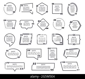 Angebotsformen. Schwarze Textrahmen, Anführungszeichen mit Anführungszeichen. Sprechblase, Nennung des Textrahmens, Zitationsfeld-Vorlagen-Vektorset. Ort für Nachrichten- oder Kommentarsymbole Stock Vektor