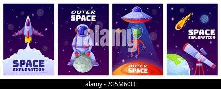 Cartoon-Poster im Weltraum. Universe Banner mit Astronaut, Rakete, Alien, ufo, Planeten, Sterne. Cartoon Kinder Kosmos Poster Vektor Vorlage Set. Weltraumforschung, Kosmonaut im Raumanzügen Stock Vektor