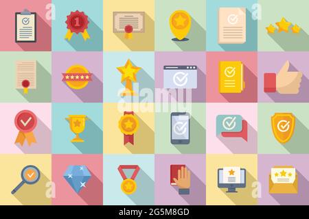 Symbole für die Qualitätssicherung legen einen flachen Vektor fest. Zertifikatsprüfung Stock Vektor