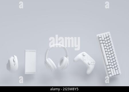 Flying Gamer Zahnräder wie Maus, Tastatur, Joystick, Headset, VR auf weiß Stockfoto