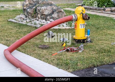 St. Thomas, Ontario, Kanada - 14 2021. Juni: An einem gelben Hydranten in einem Wohngebiet ist ein roter Löschschlauch befestigt. Stockfoto