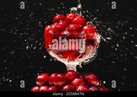 Reife Kirschen in einem Glas. Saftige Kirschen in einem Glas mit spritzendem Wasser auf schwarzem Hintergrund. Stockfoto
