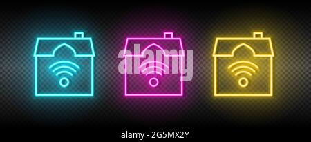 Immobilien Vektorhaus, smart, Wi-Fi. Illustration neonblau, gelb, rot Icon Set. Stock Vektor