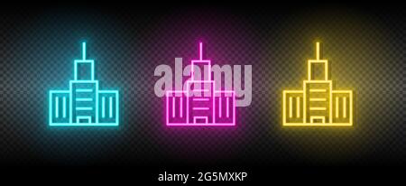 Immobilien Vektor Gebäude, Haus. Illustration neonblau, gelb, rot Icon Set. Stock Vektor