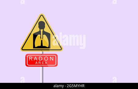 Schwere Warnmeldung. RADON, ein Schadstoff, der die LUFTQUALITÄT IN INNENRÄUMEN weltweit beeinträchtigt. Hintergrundstrahlung. Silhouette mit Lungen. Wachsames Signal. Stockfoto