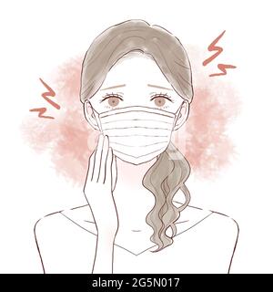 Eine Frau, die unter Reibung und Entzündungen leidet, die durch das Tragen einer Maske verursacht werden. Auf weißem Hintergrund. Stockfoto