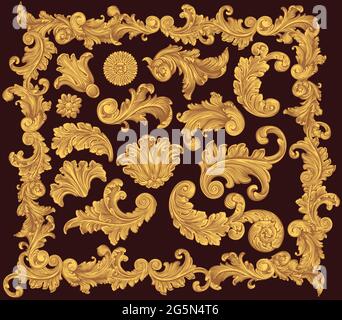 Dekorative Zierelemente im Vintage-Stil. Design-Set. Editierbare handgezeichnete Illustration. Vektorgravur. Isoliert auf dunklem Hintergrund. 8 EPS Stock Vektor