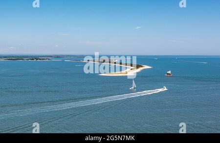 Luftaufnahme des Long Beach Bar 'Bug' Lighthouse, Orient, NY Stockfoto