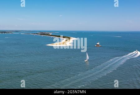 Luftaufnahme des Long Beach Bar 'Bug' Lighthouse, Orient, NY Stockfoto