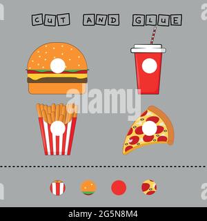 Die Entwicklung einer Aktivität für Kinder, die Aufgabe ist es, schneiden und kleben ein Stück auf den Burger mit Salat, pommes Frites, Pizza margarita und Einweg-Red Cu Stock Vektor