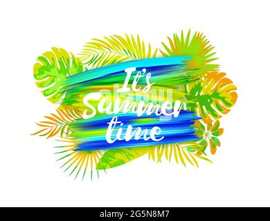 Vektordarstellung des Sommers auf dem Hintergrund eines Pinselstrichs, Flecken. Es ist ein Schriftzug für den Sommer. Vorlagendesign für Banner, Flyer usw. Stock Vektor