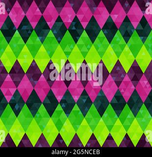 Abstraktes, geometrisches, nahtloses Harlekin-Muster aus Reihen von Rauten in grünen, rosa und violetten Farben. Mardi Gras Urlaubsposter Hintergrund, Design, Geschenkpapier, Cover, Tapete, Verpackung. Stock Vektor