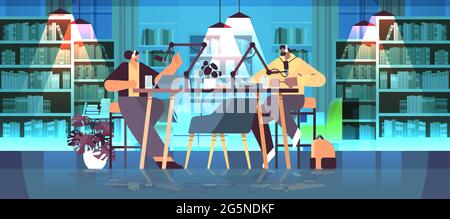 Podcasts im Gespräch mit Mikrofonen Aufnahme Podcast im Studio Podcasting Online-Radio-Broadcast-Konzept Stock Vektor