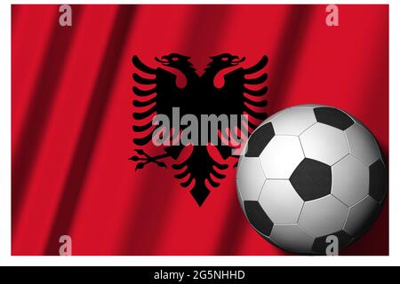 Albanien. Nationalflagge mit Fußball im Vordergrund. Sport Fußball - 3D Illustration Stockfoto