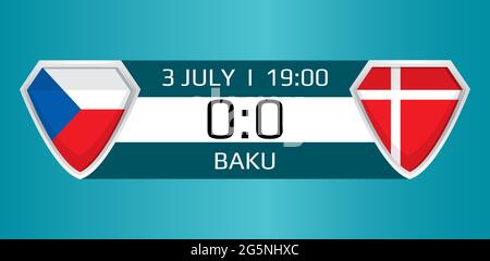 Vektor Fußball in Tschechien und Dänemark. Spielstand und Austragungsort der nationalen Fußballmannschaften der Finalspiele der Europameisterschaft 2020. Stock Vektor