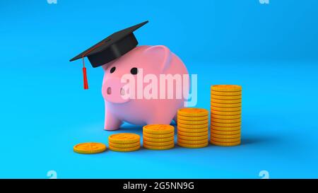 Teure Ausbildung. Münzen mit einem Stapel Stufen und einem Sparschwein in einer Abschlusskappe auf blauem Hintergrund. Einsparungen im Bildungsbereich. 3d-Rendering. Stockfoto