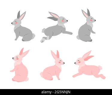 Set von Kaninchen in verschiedenen Posen flach Cartoon-Stil. Hase auf weißem Hintergrund. Vektorgrafik Clipart Stock Vektor