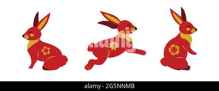 Set von Kaninchen in verschiedenen Posen chinesischen Stil. Bunny auf weißem Hintergrund-Banner. Vektorgrafik Clipart Stock Vektor