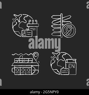 Kategorien von Reise Kreide weiße Symbole auf dunklem Hintergrund gesetzt Stock Vektor