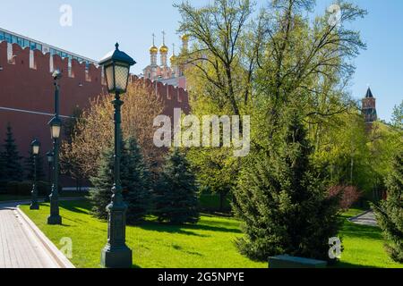 Spaziergang unter den Mauern des Moskauer Kremls im Alexander-Garten an einem Frühlingstag. Die Architektur der Hauptstadt Russlands. Stockfoto