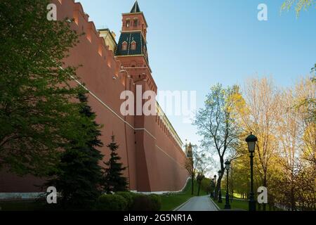 Spaziergang unter den Mauern des Moskauer Kremls im Alexander-Garten an einem Frühlingstag. Die Architektur der Hauptstadt Russlands. Stockfoto