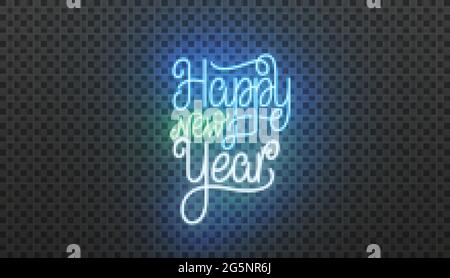 Happy New Year Neon-Schriftzug. Helle Neon-Vektor-Illustration für Silvester 2021 Feier Stock Vektor