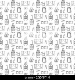 Nahtloses Reise- und Urlaubsmuster mit Reiseelementen. Nahtlose Muster für Design, Poster, Hintergründe Urlaub und Reise Thema. Koffer, Tasche Stock Vektor