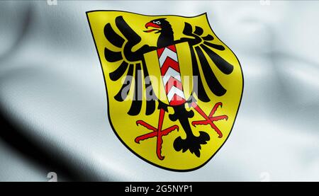 3D Illustration einer wehenden Schweizer Stadtflagge von Neuchatel Stockfoto