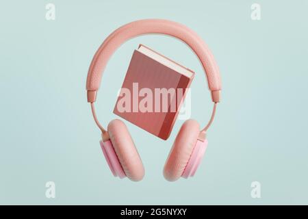 Pinkfarbene Kopfhörer mit 3D-Buchdarstellung Stockfoto