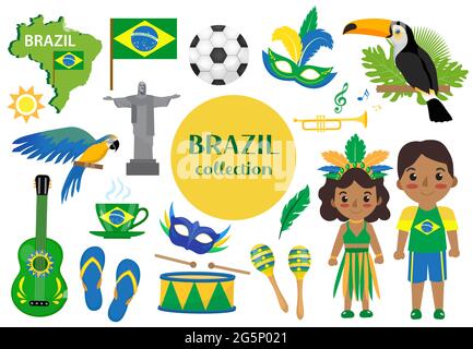 Brasilianischer Karneval Set Clip Art. Brasilien Land Tourismus, nationale Symbole. Kollektion von Designelementen, mit Tukan, Papagei, rio de jeneiro Stock Vektor