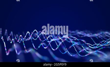 Technologie Punkte Hintergrund. Big-Data-Visualisierung. Futuristische dynamische Welle. 3D-Rendering. Stockfoto