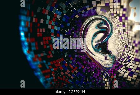 Musical und Audio-Konzept background.Ear Detail, 3D Illustration Stockfoto