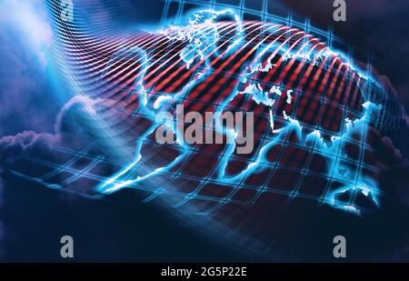 Cloud Computing, Internet, Konnektivität, digitale Kommunikation und soziale Netzwerke.Weltkarte abstrakte Internetverbindung Stockfoto
