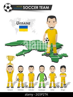 Ukrainische Fußballnationalmannschaft . Fußballspieler mit Sporttrikot stehen auf Perspective Field Country Map und Weltkarte . Set von Fußballern Positio Stock Vektor