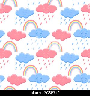 Nahtloses Muster mit Regenbögen und Wolken, Vektorgrafik. Stock Vektor
