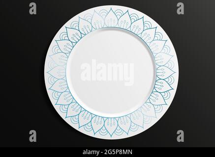 Vektorgrafik. Rundes Geometrisches Blumenmuster. Dekorativer Teller mit einem bluıe Ornament aus Handarbeit und einem leeren Raum in der Mitte. Vektor i Stock Vektor