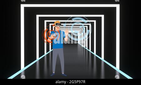 Junger Mann mit einer Virtual-Reality-Brille im leuchtenden Neontunnel. Lächelnder Mann, der das Objekt mit einer VR-Brille bewegt. 3D-Rendering-Backgrou Stockfoto