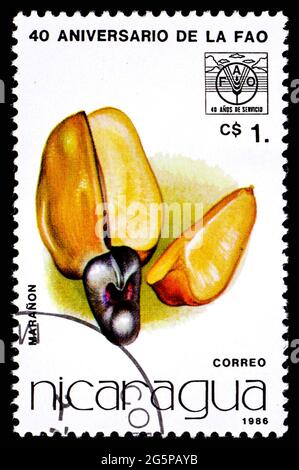 NICARAGUA - UM 1986: Eine Briefmarke aus Nicaragua, die Früchte Maranon zeigt Stockfoto