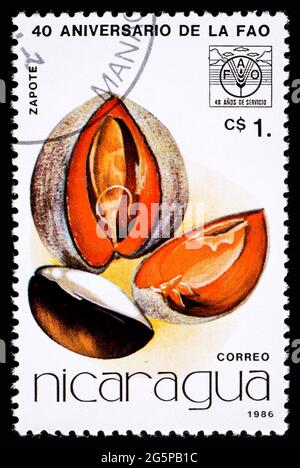 NICARAGUA - UM 1986: Eine Briefmarke aus Nicaragua mit Fruchtzapote Stockfoto