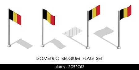 Isometrische Flagge Belgiens in statischer Position und in Bewegung auf Fahnenmast. 3d-Vektor Stock Vektor