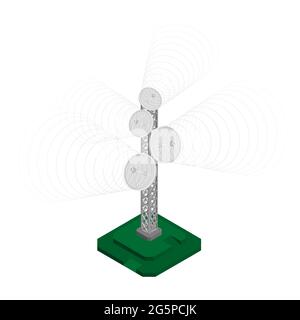 Isometrische Fernsehantenne, Turm zur Übertragung von Funksignalen. Ausrüstung für das Fernsehen. Realistischer 3d-Vektor Stock Vektor