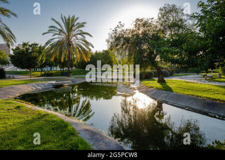 Valencia Turia River Gardens Jardin del Turia, Freizeit-und Sportplatz Park, Spanien Panorama. Stockfoto