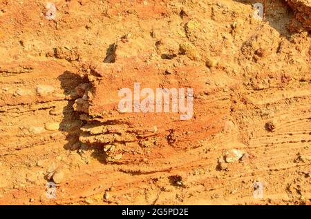 Textur verschiedener Sandstapelschichten aus Ton unterirdisch in einem Bergbaubruch nach geologischer Untersuchung des Bodens. Hintergrund aus Ton - Bild Stockfoto