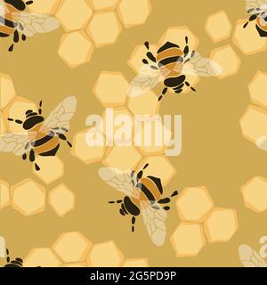 Nahtloses Vektor-Muster mit Bienen und Waben auf beigem Hintergrund. Niedliche Hummel Tapete Design. Beschäftigt Bienenmode Textil. Stock Vektor