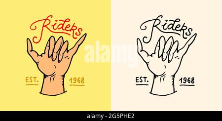 Shaka-Handemblem. Logo „Summer Surf“. Surfer Hand Geste. Das Symbol „Wellen surfen“. Vintage graviert Emblem. Gezeichnetes Poster oder Banner Stock Vektor