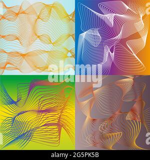 Satz von abstrakten farbigen gekrümmten Mustern mit 3D-Effekt-Zeichnung im Retro-Stil mit Hintergrund-Verlauf Stock Vektor